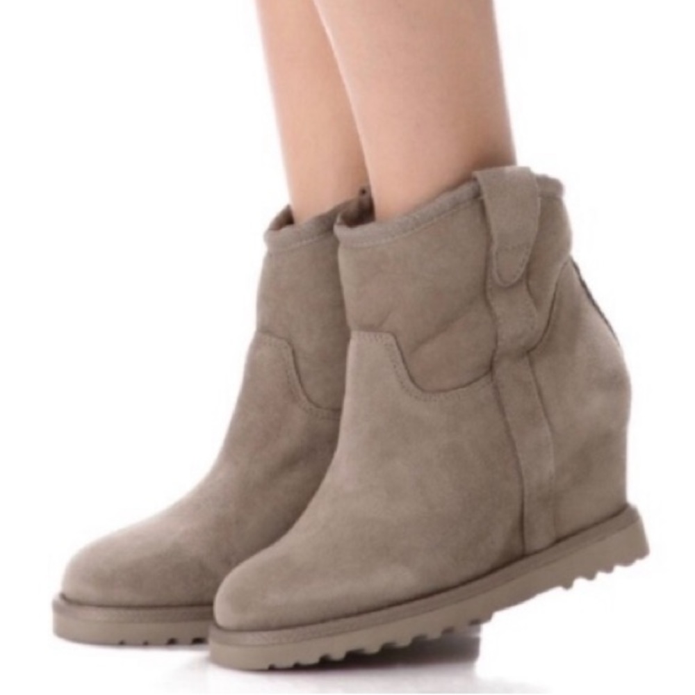 ASH Yahoo Bis Wedge Gray Taupe Suede Shearling Women’s Ankle Boots, Size 9.5